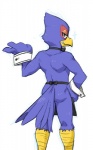 anthro apron apron_only beak butt clothing looking_at_viewer looking_back male mostly_nude rear_view simple_background solo white_background kemo_nuko nintendo star_fox falco_lombardi avian bird