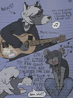 acoustic_guitar anthro arrow_pointing_to_face black_clothing black_shirt black_t-shirt black_topwear blue_bottomwear blue_clothing blue_jeans blue_pants bottomwear clothing denim denim_bottomwear denim_clothing dialogue directional_arrow duo ear_piercing ear_stud eyes_closed female guitar hair hair_over_eyes holding_guitar holding_musical_instrument holding_object humanoid_hands imminent_sex jeans laugh lgbt_pride long_hair male musical_instrument open_mouth pants piercing pink_tongue playing_guitar playing_music plucked_string_instrument pride_colors profanity shirt singing speech_bubble stickers_on_object string_instrument t-shirt talking_to_another text tongue topwear transgender_pride_colors critteremitter august_(critteremitter) critter_(critteremitter) mammal murid murine rat rodent 2025 comic digital_media_(artwork) digital_painting_(artwork) english_text hi_res painting_(artwork) traditional_media_(artwork) trans_(lore) trans_man_(lore) trans_woman_(lore)