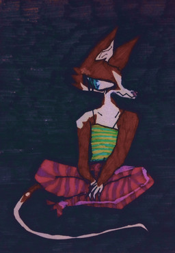 ambiguous_gender anthro blue_eyes brown_body brown_fur clothed clothing fur pink_tail sitting solo tail naircat canid canine mammal 2015 absurd_res hi_res male_(lore)