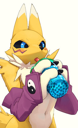 ambiguous_gender anthro arm_tuft armwear beverage black_claws black_nose black_sclera blue_eyes blush blush_lines bridal_gauntlets bubble_tea chest_tuft claws clothed clothed/nude clothing countershading drinking facial_markings fur happy head_markings holding_object markings navel neck_tuft nude purple_body purple_clothing purple_fur shoulder_tuft simple_background slim solo symbol symbol_on_clothing three-quarter_view tuft white_background white_body white_countershading white_fur yellow_body yellow_fur yin_yang maxigib bandai_namco digimon canid digimon_(species) mammal renamon 2024 colored digital_media_(artwork) half-length_portrait hi_res portrait shaded