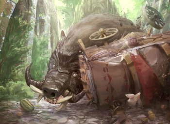 ambiguous_gender cart city cityscape destruction detailed_background duo feral food fruit looking_at_viewer melon nature outside plant quadruped size_difference solo_focus tusks uhoh watermelon yeong-hao_han hasbro magic:_the_gathering wizards_of_the_coast avian bird chicken galliform mammal phasianid suid suine sus_(pig) wild_boar digital_media_(artwork) hi_res official_art