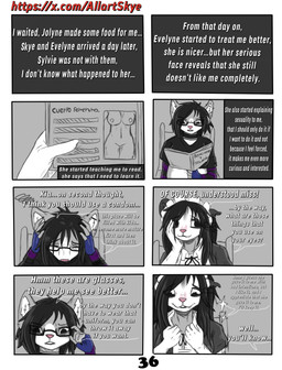 anthro black_eyes black_nose bodily_fluids clothing dialogue duo female fur gloves grey_body grey_fur handwear maid_uniform male pink_nose simple_background tears text uniform white_body white_fur allartskye evelyne_(allartskye) kia_(allartskye) american_opossum domestic_cat felid feline felis mammal marsupial comic english_text hi_res url