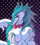 anthro areola blue_eyes blue_nipples breast_fondling breast_play breasts claws collar dotted_background erect_nipples female fondling hand_on_breast holding_breast looking_at_viewer nipples pattern_background piercing scar simple_background solo tail tongue tongue_out tongue_piercing ligernekoka valkyrie_the_corrupt_sergal mammal sergal 2013 hi_res