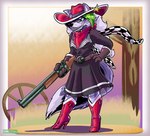 4_fingers anthro belt black_nose blue_body blue_fur boots breasts clothed clothed_anthro clothed_female clothing cowboy cowboy_boots cowboy_hat ears_through_headwear female fingers footwear fur gloves green_highlights grey_hair gun hair handwear hat headgear headwear high_heeled_boots high_heels highlights_(coloring) humanoid_hands ranged_weapon rifle scarf shoes smile solo standing tail teeth weapon mecknnick01 five_nights_at_freddy's five_nights_at_freddy's:_secret_of_the_mimic five_nights_at_freddy's:_security_breach scottgames steel_wool_studios roxanne_wolf canid canine canis mammal wolf hi_res