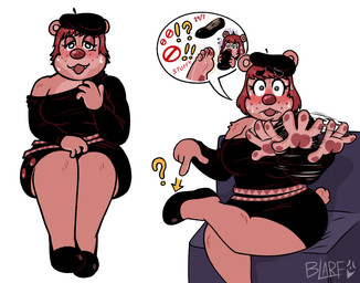 4_fingers 4_toes anthro bangs beret blush bodily_fluids clothed clothing crossed_legs embarrassed exclamation_point feet female fingers foot_fetish footwear freckles gesture hand_gesture hat headgear headwear hindpaw humanoid_feet pawpads paws plantigrade question_mark shoe_sniffing shoes smelly smelly_feet smelly_shoes sniffing sniffing_clothes soles solo sweat toes blarf022 sherry_bear_(blarf022) bear mammal 2022 absurd_res hi_res pictographics