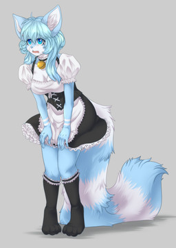 4_toes 5_fingers anthro bell bell_collar blue_body blue_eyes blue_fur blue_hair blue_nose breasts clothing collar cute_fangs fangs feet female fingers fluffy fluffy_tail fur grey_background hair inner_ear_fluff legwear maid_uniform open_mouth simple_background solo tail teeth thigh_highs tired toes tongue tuft uniform white_body white_fur murzikteijiro ailurid mammal red_panda absurd_res hi_res