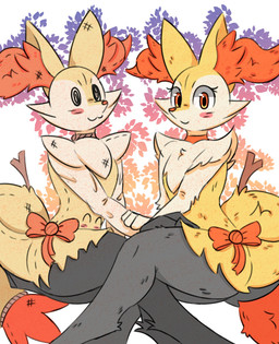 3_fingers :3 alternate_form ambiguous_anthro ambiguous_gender anthro arm_tuft biped black_body black_fur blush blush_lines blush_stickers bow_ribbon cheek_tuft chest_tuft digitigrade dipstick_tail duo eyelashes facial_tuft fake_eyes fingers flat_chested fluffy fluffy_tail fur grey_body grey_fur hand_holding happy inner_ear_fluff looking_at_viewer markings mouth_closed multicolored_body nude_ambiguous nude_anthro object_in_tail orange_body orange_eyes orange_fur orange_nose orange_tail_tip pointy_ears prick_ears shoulder_tuft side_view simple_background sitting smile smiling_at_viewer snout stick stick_in_tail tail tail_markings textured tuft two_tone_tail white_background white_body white_fur yellow_body yellow_fur yellow_tail se1t nintendo pokemon braixen canid generation_6_pokemon generation_7_pokemon mammal mimikyu pokemon_(species) 2026 absurd_res digital_drawing_(artwork) digital_media_(artwork) flat_colors hi_res