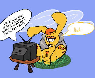 anthro anus armless buckteeth butt cloud crt electronics eyelashes eyeshadow female furniture genitals grass head_tuft makeup paws plant pubes resting rock simple_background slouching solo speech_bubble spread_legs spreading table teeth television television_antenna tuft watching_television wood wood_furniture wood_table x_anus professionalnuthead hotel_mario mario_bros nintendo super_mario_64 mips lagomorph mammal aseprite_(artwork) digital_media_(artwork)