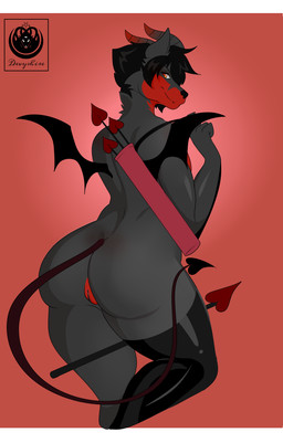 andromorph anthro big_butt black_body black_fur butt clothing cosplay curvy_figure femboy fur genitals hair horn intersex latex latex_clothing latex_legwear latex_stockings legwear looking_at_viewer looking_back red_body red_eyes red_fur simple_background smile smiling_at_viewer smirk solo spade_tail stockings tail thick_thighs vulva wide_hips wings devyshirehell aiko_incubus canid canine demon fox hybrid mammal succubus 2021 absurd_res digital_media_(artwork) hi_res