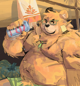anthro belly big_belly bottomwear brown_body brown_fur can clothing container eyewear fur glasses kemono male moobs nipples overweight overweight_male shorts sitting solo tuokemao lifewonders tokyo_afterschool_summoners volos_(tas) bear mammal 2025 absurd_res hi_res