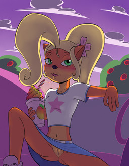 anthro beverage blush breasts clothed clothing detailed_background eyelashes female flower food fruit genitals green_eyes hair long_hair plant presenting smile solo sunset thin_calves thin_legs thin_thighs vulva wumpa_fruit soulcentinel activision crash_bandicoot_(series) coco_bandicoot bandicoot mammal marsupial hi_res