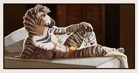 abs anthro athletic athletic_male bed bedding bulge clothed clothing detailed_background fur furniture genital_outline hand_on_knee hand_on_leg jockstrap looking_at_viewer lying male markings muscular muscular_anthro muscular_male on_bed on_side pillow relaxing seductive side_view solo striped_body striped_fur striped_markings striped_tail stripes tail tail_markings topless underwear underwear_only yellow_eyes jagal dashing equid equine mammal zebra absurd_res full-length_portrait hi_res portrait signature
