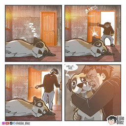 4_panel_comic ambiguous_gender bodily_fluids brown_body brown_fur clothing crying derp_eyes duo emanata eyewear feral floppy_ears fur glasses hoodie hug hugging_another light_body light_skin lying male multicolored_body multicolored_fur on_ground on_side onomatopoeia open_mouth orange_body orange_fur shaking sleeping snout sound_effects tears text topwear trembling vowelless vowelless_sound_effect wearing_glasses white_body white_fur zzz eijie_nutz canid canine canis domestic_dog human mammal digital_drawing_(artwork) digital_media_(artwork) hi_res