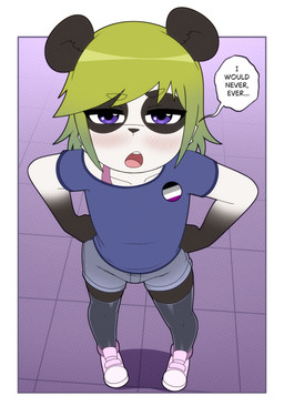 anthro asexual_pride_colors biped black_clothing black_legwear black_markings black_nose black_stockings blue_eyes blush blush_lines bottomwear clothed clothed_anthro clothed_female clothing dialogue eye_patch_(marking) facial_markings female footwear fully_clothed fully_clothed_anthro fully_clothed_female gloves_(marking) green_hair hair hands_on_own_hips head_markings leg_markings legwear lgbt_pride markings open_mouth patch_(marking) pigeon_toed pride_colors round_ears shirt shoes short_hair shorts sneakers socks_(marking) solo speech_bubble standing stockings talking_to_viewer teeth text thigh_highs tongue topwear white_body white_clothing white_footwear white_shoes white_sneakers young young_anthro young_female gi0 lexi_(hazelauden) bear giant_panda mammal 2025 absurd_res english_text hi_res