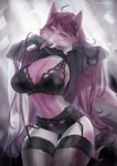 anthro black_clothing black_lingerie bra breasts clothing eyelashes female garter_straps green_eyes hair legwear lingerie long_hair looking_at_viewer navel panties purple_hair purple_nose solo standing stockings thigh_highs underwear undressing juliathedragoncat canid canine canis mammal wolf 2022 hi_res