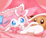 2016 :3 ambiguous_gender blue_eyes blush canid canine comic eevee eeveelution feral fur generation_1_pokemon generation_6_pokemon heart_pillow jirachicute28_(artist) looking_at_viewer lying mammal nintendo on_front pillow pink_body pink_fur pokemon pokemon_(species) solo sylveon white_body white_fur