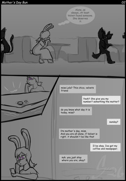 anthro black_border border electronics female phone restaurant sitting solo text texting thought_bubble sombird canid canine felid feline lagomorph leporid mammal rabbit absurd_res comic english_text hi_res