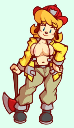 anthro areola areola_slip armor axe boots bottomwear breast_squish breasts clothed clothing coat female firefighter firefighter_helmet firefighter_uniform footwear front_view headgear helmet melee_weapon open_clothing open_coat open_topwear pants shoes smile solo squish standing suspenders topwear uniform weapon yellow_clothing yellow_coat yellow_topwear chipposter parappa_the_rapper sony_corporation sony_interactive_entertainment mama_parappa canid canine canis domestic_dog mammal 2022 full-length_portrait portrait