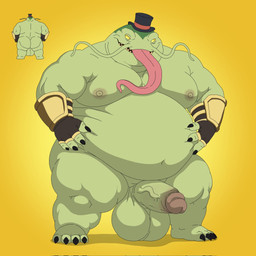 4_toes anthro areola balls big_balls biped black_claws claws clothing feet genitals hat hat_only headgear headgear_only headwear headwear_only humanoid_genitalia humanoid_penis male mostly_nude nipples overweight overweight_male penis simple_background solo toes yellow_background bobbellyboy league_of_legends riot_games tencent tahm_kench_(lol) aquatic catfish demon fish 1:1 colored hi_res