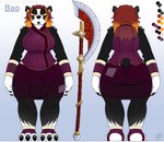 anthro bear blizzard_entertainment bulge claws clothed clothing digital_media_(artwork) drxii ear_piercing facial_piercing fur gynomorph hair hi_res intersex lip_piercing mammal melee_weapon model_sheet pandaren piercing red_hair simple_background solo tail warcraft weapon yellow_eyes