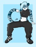 annoyed anthro black_clothing blue_body blue_eyes blue_fur blue_highlights blue_stripes bottomwear clothed clothing crop_top female footwear fur highlights_(coloring) looking_away navel pants partially_clothed shirt shoes sitting solo spread_legs spreading stripes topwear undercut white_body white_fur carrus kenzie_(carrus) felid mammal pantherine tiger absurd_res hi_res