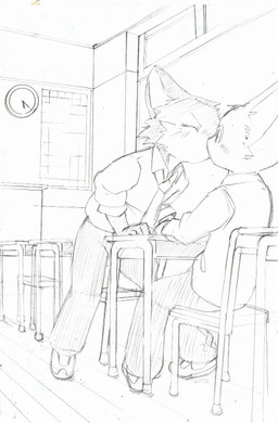 against_desk against_furniture against_surface anthro blush bottomwear chair classroom clock clothed clothing collared_shirt desk dress_shirt duo eyes_closed footwear fully_clothed furniture inside kissing male male/male necktie on_chair pants school shirt shoes sitting student table three-quarter_view topwear young young_anthro young_male manmosu_marimo domestic_cat felid feline felis mammal 2011 graphite_(artwork) traditional_media_(artwork)