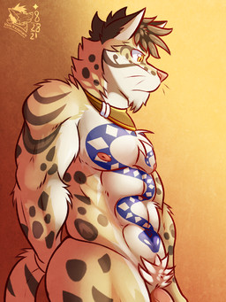 abs anthro areola biped brown_hair collar countershading fur genitals hair male markings muscular muscular_anthro muscular_male nipples pecs penis penis_base simple_background solo spots spotted_body spotted_fur tattoo whiskers yellow_eyes ventkazemaru nekojishi studio_klondike likulau clouded_leopard felid mammal pantherine 2021 3:4 dated hi_res