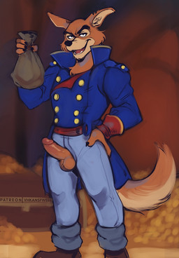 anthro bag balls bottomwear claws clothed clothing coin erection footwear fur genitals glans gold_(metal) hand_on_hip holding_object humanoid_genitalia humanoid_penis jacket looking_at_viewer male open_mouth open_smile pants penis penis_poking_out penis_through_fly realistic_penis_size shoes simple_background smile solo standing teeth tongue topwear tuft unzipped zipper vhkansfweer disney talespin don_karnage canid canine canis mammal red_wolf wolf 2022