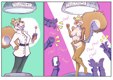 4_fingers accident accidental_exposure anthro applause belt big_tail blue_eyes blush bottomwear breasts brown_nose cellphone clapping clothed clothed_to_nude clothing clothing_loss coat contact_onomatopoeia crowd different_sound_effects electronics embarrassed eyewear female fingers fully_clothed fully_clothed_to_nude genitals glasses group hair humanoid_genitalia humanoid_vulva impact_onomatopoeia lab_coat multicolored_vulva navel nipples nude onomatopoeia pants phone pink_nipples pink_vulva public public_exposure public_nudity scientist simple_background smartphone snap sound_effects tail taking_picture teleportation text topwear two_tone_vulva vulva draconicmentalist mammal rodent sciurid english_text