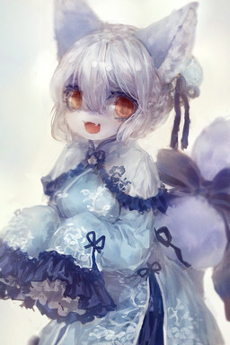 :d accessory anthro blue_body blue_fur bow_(feature) bow_accessory bow_ribbon clothed clothing female fully_clothed fur furgonomics hair hair_accessory hair_bow hair_ribbon kemono long_sleeves looking_at_viewer multicolored_body multicolored_fur red_eyes ribbons simple_background smile solo standing tail tail_accessory tail_bow tail_ribbon two_tone_body two_tone_fur white_background white_body white_fur white_hair tamakakego canid canine fox mammal 2:3 blue_theme hi_res