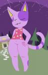 4_fingers anthro fangs female fingers fur hand_on_hip looking_at_viewer navel night one_eye_closed purple_body purple_fur smile solo teeth wide_hips wink machetesaga animal_crossing nintendo bob_(animal_crossing) domestic_cat felid feline felis mammal