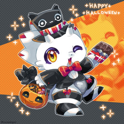 alternative_fashion ambiguous_gender anthro black_claws bow_tie chibi claws clothing garter_straps hat headgear headwear holidays horn j-fashion one_eye_closed ouji_(fashion) simple_background solo suit text top_hat white_body wink yellow_eyes murasakigezi bandai_namco digimon digimon_ghost_game halloween ceratopsian digimon_(species) dinosaur gammamon ornithischian prehistoric_species reptile scalie 1:1 english_text hi_res male_(lore)