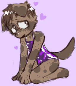anthro brown_eyes brown_tail bulge clothed clothed_male clothing femboy floppy_ears folded_ears kneeling leotard leotard_only male one-piece_swimsuit purple_background purple_clothing purple_leotard simple_background solo swimwear tail young young_anthro young_male bravobunny canid canine canis domestic_dog mammal