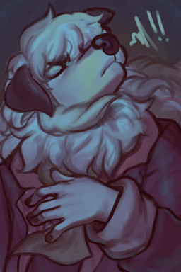 anthro biped black_body black_fur clothed clothing eyes_closed fully_clothed fur grey_background hair jacket male neck_tuft simple_background solo topwear tuft white_body white_fur white_hair diadorin canid canine canis domestic_dog mammal 2:3 absurd_res digital_media_(artwork) digital_painting_(artwork) half-length_portrait hi_res painting_(artwork) portrait restricted_palette