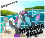 anthro card_template duo female gesture historical hug landmark light male male/female niagara_falls outside photo postcard sunlight tourist water waterfall waving pricklepants yozora zyvez canid canine canis fox mammal wolf hi_res