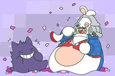 3_fingers 3_toes anthro arms_bent black_bow black_facial_hair black_mustache blue_clothing blue_eyes blue_suit bottomless bottomless_anthro bottomless_male buckteeth cloth clothed clothing confetti cravat duo eyes_closed facial_hair featureless_crotch feet fingers fur grey_hair hair happy holding_cloth larger_anthro larger_male legless light long_ears male medium_hair mitten_hands mole_under_eye mustache no_eyebrows noseless nude_anthro nude_male one_eye_closed open_mouth open_smile overweight overweight_anthro overweight_male pink_tongue purple_background purple_body purple_fur red_clothing red_topwear red_vest simple_background size_difference smaller_anthro smaller_male smile smiling_at_another smiling_at_each_other suit tan_body tan_inner_ear tan_skin teeth toes tongue toothy_smile topwear vest white_body white_cravat white_fur fuposey mario_bros mario_plus_rabbids_kingdom_battle nintendo pokemon raving_rabbids rayman_(series) ubisoft phantom_of_the_bwahpera generation_1_pokemon gengar ghost hybrid lagomorph mammal pokemon_(species) rabbid spirit 2018 crossover digital_drawing_(artwork) digital_media_(artwork) english_description flat_colors