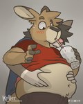 anthro belly belly_grab belly_overhang beverage blush blush_lines bodily_fluids bottomwear bubble_tea clothing container cup drinking duo male male/male overweight overweight_anthro overweight_male pants simple_background sweat kellerkangaroo keller_kangaroo kangaroo macropod mammal marsupial 4:5 digital_drawing_(artwork) digital_media_(artwork) shaded simple_shading