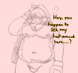 anthro belly belt bottomwear bulge clothed clothing gloves hair hair_over_eyes handwear long_ears male navel nipples overweight pants pecs ponytail_ears solo text topless topless_anthro topless_male lxzylux bandai_namco digimon angoramon digimon_(species) english_text hi_res