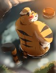 anthro bathing biped blush cute_fangs detailed_background fangs humanoid_hands kemono male overweight overweight_male solo teeth water hon55728 felid mammal pantherine tiger 2022 hi_res