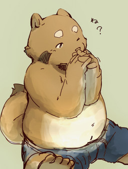 anthro belly biped bottomwear brown_body brown_fur clothing fur humanoid_hands male navel one_eye_closed overweight overweight_anthro overweight_male shorts sitting solo text wink oneko_takasuke canid canine mammal raccoon_dog tanuki 2015 absurd_res hi_res japanese_text