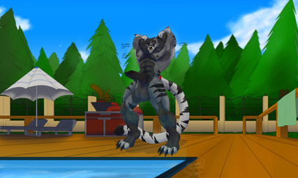 anthro armpit_hair arms_above_head balls big_balls big_penis black_penis body_hair claws fence floor fluffy fluffy_tail forest genitals hybrid_genitalia hybrid_penis knot knotted_penis looking_at_viewer looking_down looking_down_at_viewer male muscular muscular_anthro muscular_male musk musky_armpit musky_balls neck_tuft nipples nude open_mouth penile_spines penis piercing plant pool_deck poolside sharp_teeth smile solo tail teeth text tongue tongue_piercing towel tree tuft wood wood_floor teymosoo perseus_(teymosoo) felid hybrid hyena mammal pantherine prehistoric_species saber-toothed_tiger tiger vampire werecreature werehyena absurd_res english_text hi_res