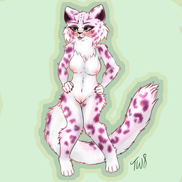 4_toes 5_fingers anthro areola arm_tuft barefoot big_breasts biped black_eyebrows black_eyeliner black_nose blep blue_eyes blush blushing_profusely body_blush breasts cheek_tuft claws elbow_tuft eyebrows eyelashes eyeliner eyeshadow facial_markings facial_tuft feet female finger_claws fingers fluffy fluffy_tail fur genitals head_markings heart_(marking) heart_symbol light long_tail makeup markings multicolored_body nipples nude paws pink_areola pink_body pink_fur pink_nipples pink_vulva plantigrade pupils purple_markings simple_background smile solo spots spotted_body standing tail tail_markings teeth thick_thighs toes tongue tongue_out tuft vulva vulva_blush whiskers white_body white_fur twinkworshiper8 felid leopard mammal pantherine snow_leopard 1:1 2024 absurd_res colored digital_drawing_(artwork) digital_media_(artwork) full-length_portrait hi_res lighting portrait shaded signature