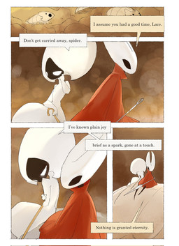 4_eyes ambiguous_gender anthro back_to_back biped black_body black_eyes cloak clothing detailed_background dialogue duo_focus empty_eyes eye_contact female female_anthro female_humanoid feral grey_body group hornet's_needle looking_at_another mouthless multi_eye red_cloak red_clothing riding size_difference speech_bubble talking_to_another text white_body white_eyes darkdog hollow_knight:_silksong hollow_knight_(franchise) team_cherry bell_beast hornet_(hollow_knight) lace_(hollow_knight:_silksong) arthropod bell_beast_(species) humanoid 2025 comic digital_drawing_(artwork) digital_media_(artwork) english_text hi_res female_(lore) mother_(lore) mother_and_child_(lore) parent_(lore) parent_and_child_(lore)