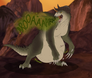abdominal_bulge anthro belly big_belly bodily_fluids bodily_noises burp_cloud burping churn different_sound_effects digestion_noises extended_sound_effect fully_inside horn male onomatopoeia open_mouth rumbling_stomach saliva sharp_teeth sound_effect_variant sound_effects teeth text tongue vore pippuri fallout microsoft deathclaw reptile scalie
