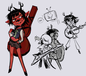 acoustic_guitar age_difference anthro antlers black_hair black_nose bottomwear brown_body cleft clothing duo electric_guitar fan_designs female freckles guitar guitar_case hair hand_in_pocket holding_guitar holding_musical_instrument holding_object hooves horn jacket looking_aside male male/female midriff musical_instrument older_anthro older_female orange_eyes plucked_string_instrument pockets scut_tail short_tail shorts simple_background smile solo string_instrument tail topwear torn_bottomwear torn_clothing torn_shorts white_background younger_female younger_human unknown_artist deltarune undertale_(series) dess_holiday kris_dreemurr tenna_(deltarune) animate_inanimate deer human mammal new_world_deer reindeer colored colored_sketch hi_res sketch