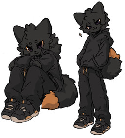 :3 ambiguous_gender anthro back_tuft big_ears big_eyes big_tail biped black_body black_bottomwear black_clothing black_eyebrows black_footwear black_hoodie black_nose black_pants black_shoes black_sneakers black_tail black_topwear bottomwear cheek_tuft clothing dipstick_tail drawstrings eyebrows facial_tuft fangs fluffy fluffy_fur fluffy_tail footwear furgonomic_pants furgonomics hand_in_pocket head_tuft hoodie kemono long_tail markings neck_tuft orange_tail_tip pants plantigrade pockets shoes simple_background sitting slim small_nose snaggle_tooth solo sparkles spikes spikes_(anatomy) standing streetwear tail tail_markings teeth topwear tuft white_background vyirex casualties:_unknown gunsaw canid canine expie_(gunsawian) fox gunsawian hybrid mammal murid murine rat rodent 2026 digital_drawing_(artwork) digital_media_(artwork) hi_res portrait shaded
