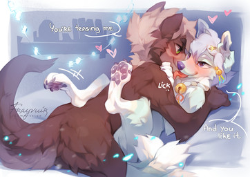 anthro biped blush butt claws duo feet female fingers fur hair heart_symbol inside lying male nude nude_anthro nude_female nude_male on_back paws smile tail toes tongue reysi canid canine mammal 2026 digital_drawing_(artwork) digital_media_(artwork)