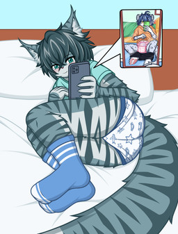 ahoge anthro bed bedroom big_tail blue_hair blue_seam_briefs blush blush_lines bottomwear briefs butt cheek_tuft childish_underwear clothed clothing colored_seam_underwear diaper duo ear_tuft facial_tuft fluffy fluffy_tail footwear fur furniture grey_hair hair hair_over_eye inner_ear_fluff lying lying_on_bed male male/male markings on_bed pattern_bottomwear pattern_clothing pattern_underwear pawpads presenting presenting_hindquarters print_briefs print_clothing print_underwear round_ears selfie socks spots spotted_body spotted_fur striped_body striped_fur stripes tail training_pants tuft underwear wearing_diaper felixsandcat domestic_cat felid feline felis maine_coon mammal pantherine snow_leopard absurd_res hi_res