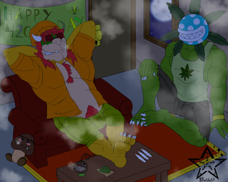 420_(number) bottomwear clothing drugs eyewear fangs green_body hair hat headgear headwear long_hair marijuana marijuana_leaf musclegut muscular plant pubes red_hair shirt shorts smoke stoned substance_intoxication sunglasses tank_top teeth topwear yellow_body fafnir_stardust_(artist) mario_bros nintendo bowser chain_chomp dragon_koopa elemental_creature flora_fauna goomba koopa piranha_plant scalie 5:4 hi_res