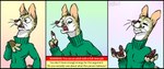 4_fingers agender anthro artist_logo clothing comic drjavi english_text fingers genet gesture gradient_background green_clothing green_sweater green_topwear hi_res humor javalier_rawhead logo male mammal open_mouth pawpads simple_background smile solo sweater text text_box topwear upset viverrid whiskers